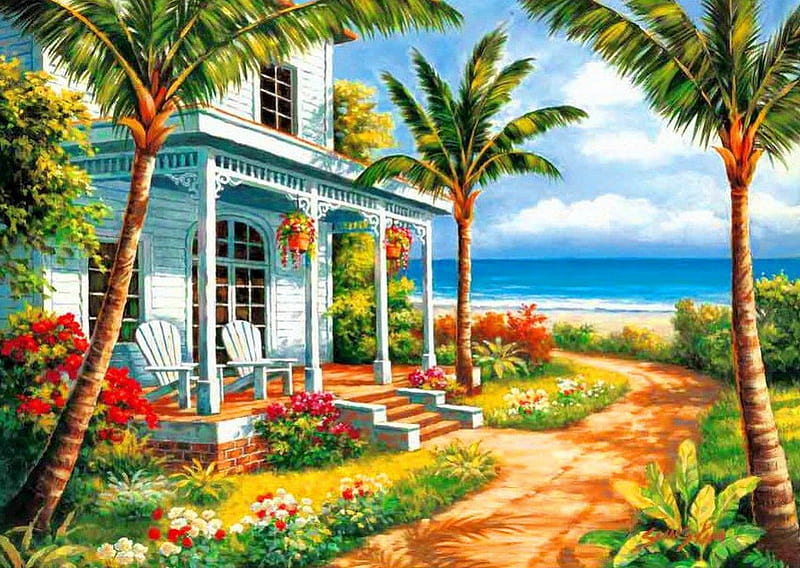 Summer house, pretty, colorful, house, bonito, palm trees, countryside, beach, nice, path, flowers, art, rest, vacation, exotic, lovely, ocean, palms, alleys, dea, summer, nature, coast, HD wallpaper