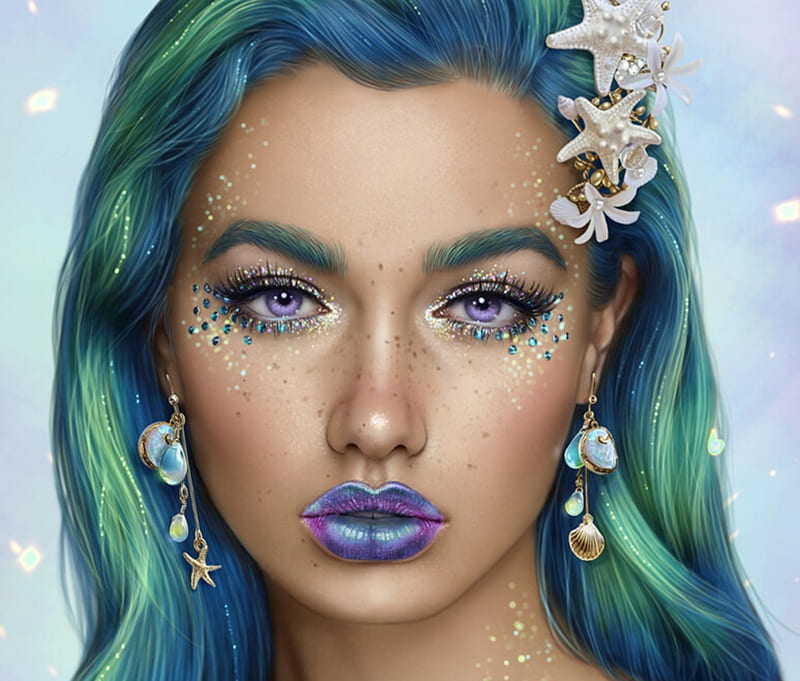 Mermaid, art, frumusete, luminos, earrings, nelly jimenez, superb, vara, girl, green, summer, face, siren, jewel, gorgeous, blue, HD wallpaper