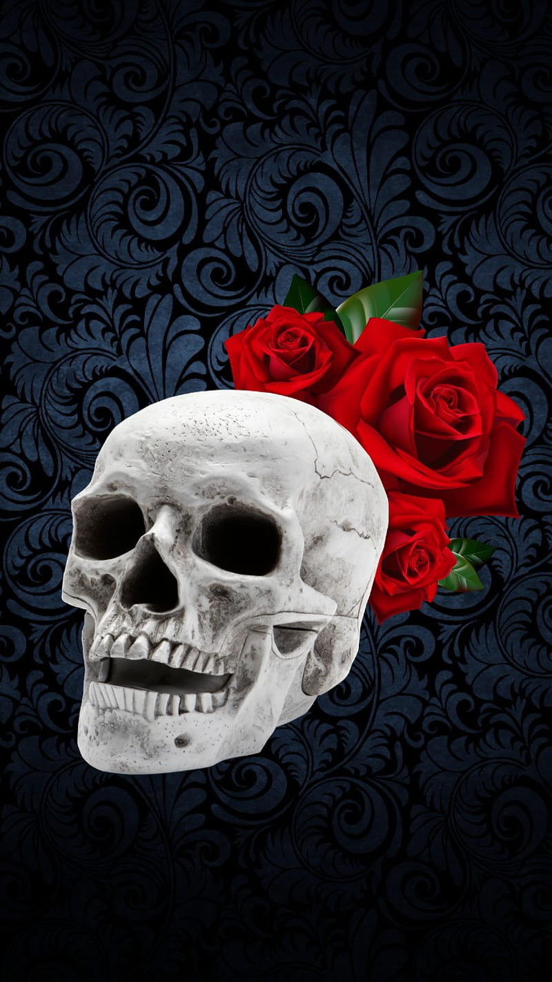 Blue Flowers skull4, dark, roses, skull, tattoo, HD phone wallpaper
