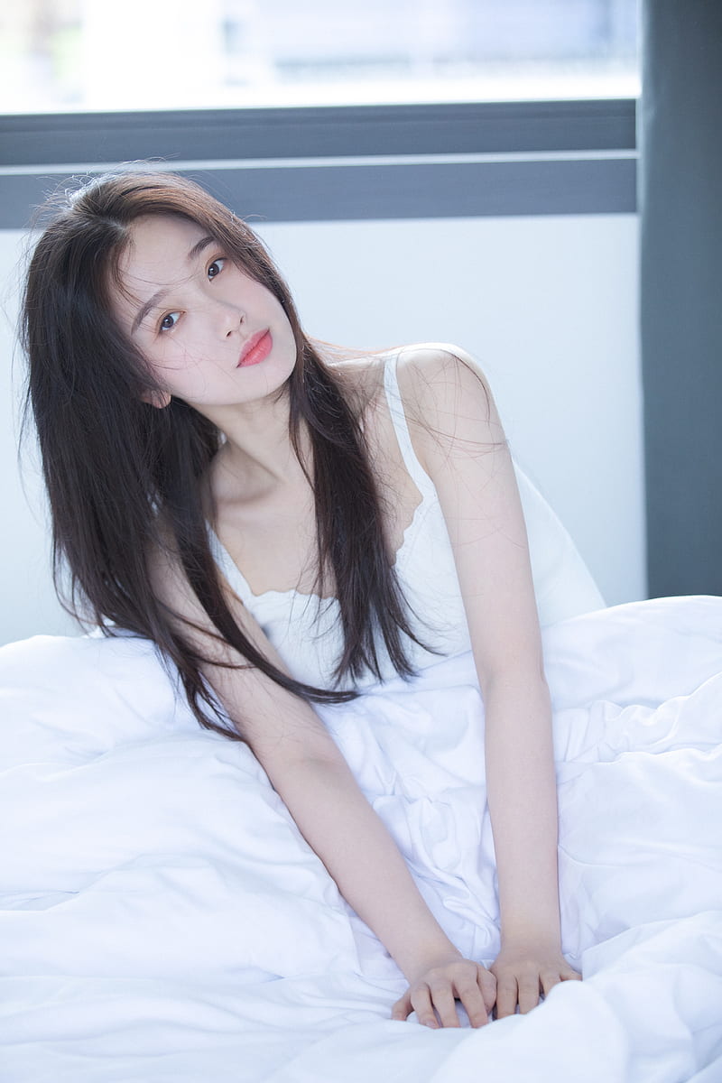 Chinese, women indoors, bare shoulders, pale, in bed, white clothing, black hair, long hair, window, red lipstick, lips, looking at viewer, women, model, brunette, HD phone wallpaper