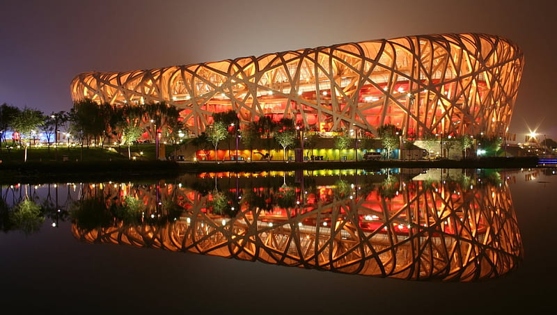 Beijing National Stadium, china, cityscapes, nature, stadiums, evening, lights, night, beijing, HD wallpaper