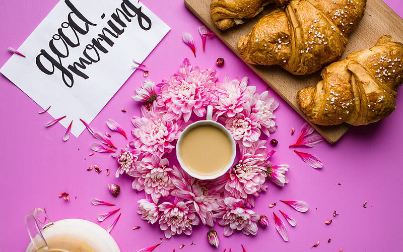 Good Morning, concepts, coffee, croissants, breakfast, pink background, HD wallpaper
