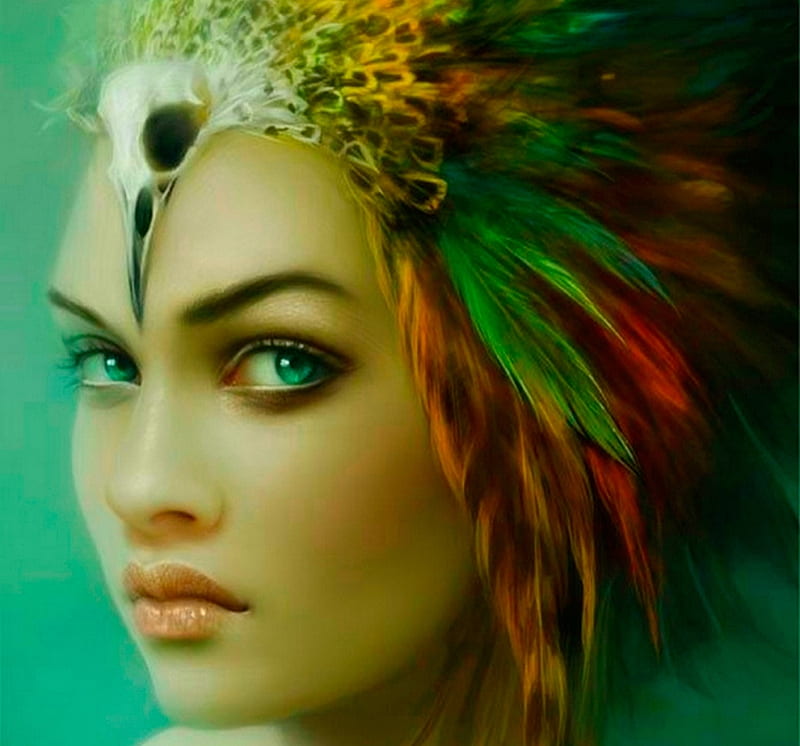 :), red, colorful, art, melanie delon, green, feather, face, melaniedelon, fantasy, HD wallpaper