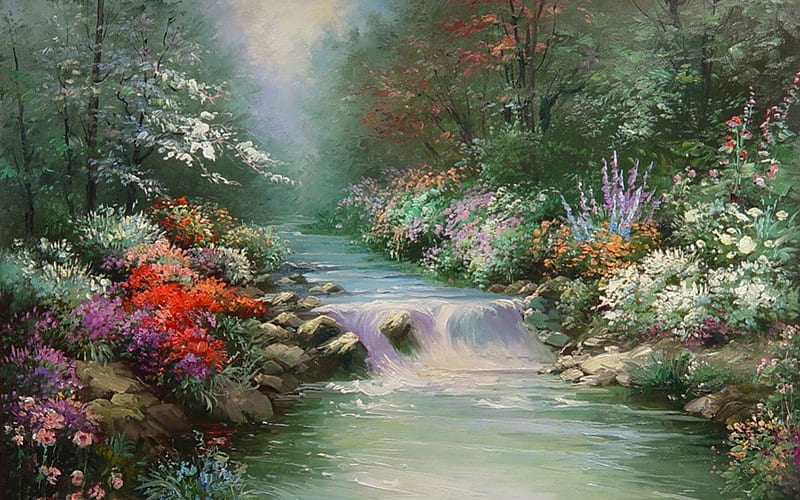 Fantasy Waterfalls and Flowers, forest, rock, trees, abstract ...