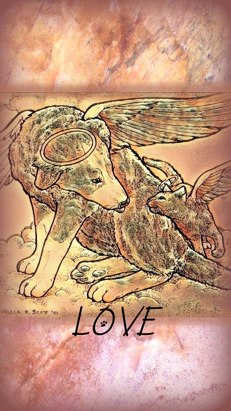 Dog Cat Angels Love, aks creations, angel, animals, art, canine, drawings, feline, friendship, furry angel, halo, heaven, hug, kitty, marble, patterns, pet loss, pets, puppy, sky, together, wings, HD phone wallpaper