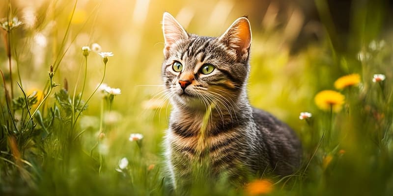 Kitten in the Grass, termeszet, cica, vadviragok, hazi kedvenc, fu, nezes, macska, HD wallpaper