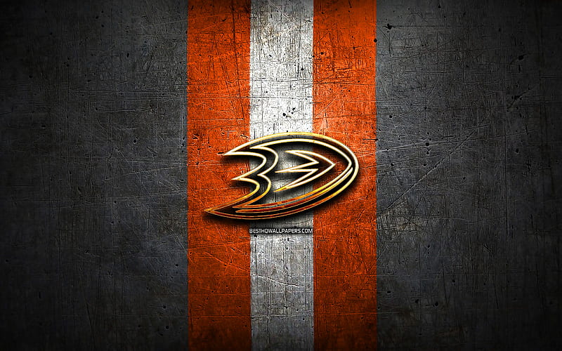 Anaheim Ducks, golden logo, NHL, black metal background, american hockey team, National Hockey League, Anaheim Ducks logo, hockey, USA, HD wallpaper