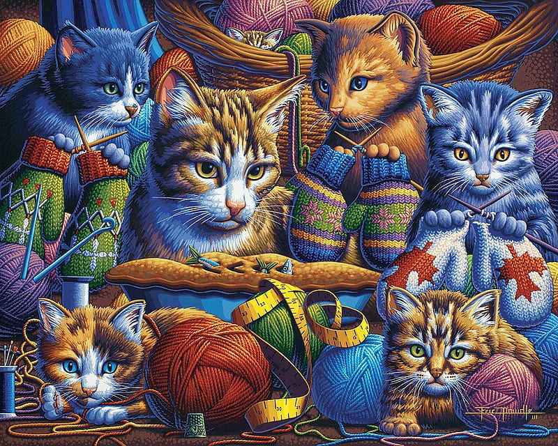 Kittens knittin mittens, painting, cats, basket, wool, HD wallpaper