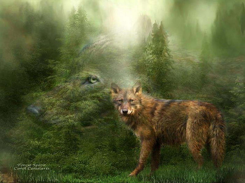 Forest Spirit Wolf, fantasy, painting, trees, wolves, abstract, animals, HD wallpaper