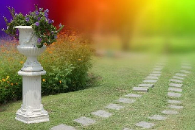 Garden Pathway, colorful, pathway, grass, flowers, path, garden, flower pot, pedestal, HD wallpaper