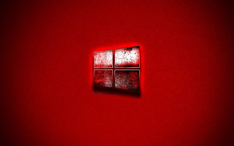 Windows 10, red metallic grunge logo, red background, grunge art, creative art, Windows, HD wallpaper