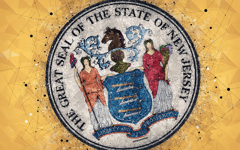 Seal of New Jersey emblem, geometric art, New Jersey State Seal, American states, yellow background, creative art, New Jersey, USA, state symbols USA, HD wallpaper