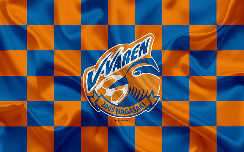 V-Varen Nagasaki logo, creative art, orange blue checkered flag, Japanese football club, J1 League, J League Division 1, emblem, silk texture, Nagasaki, japan, football, HD wallpaper