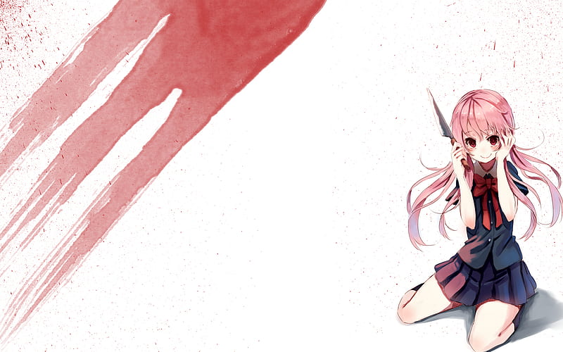 Mirai nikki, anime, girl, kawaii, cute, yuno gasai, pink hair, blood,  yukiteru amono, boy