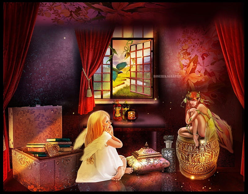 ~Magical Fairy~, books, objects, digital art, textures, leaves, fantasy, manipulation, girls, landscapes in the window, bottles, model, la petite fee et lange, creative pre-made, little fairy, bird, rideux, magical, backgrounds, HD wallpaper