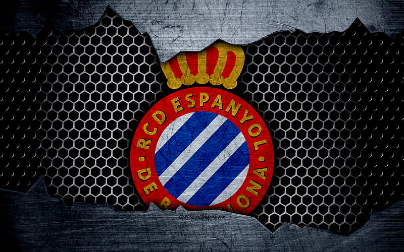 Espanyol FC La Liga, football, emblem, RCD Espanyol logo, Barcelona, Spain, football club, metal texture, grunge, HD wallpaper