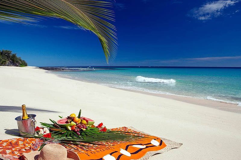Tropical Picnic on the Beach, polynesia, eat, picnic, sea, atoll, beach, bora bora, sand, lunch, dining, exotic, islands, food, ocean, breakfast, paradise, dine, island, tahiti, tropical, HD wallpaper