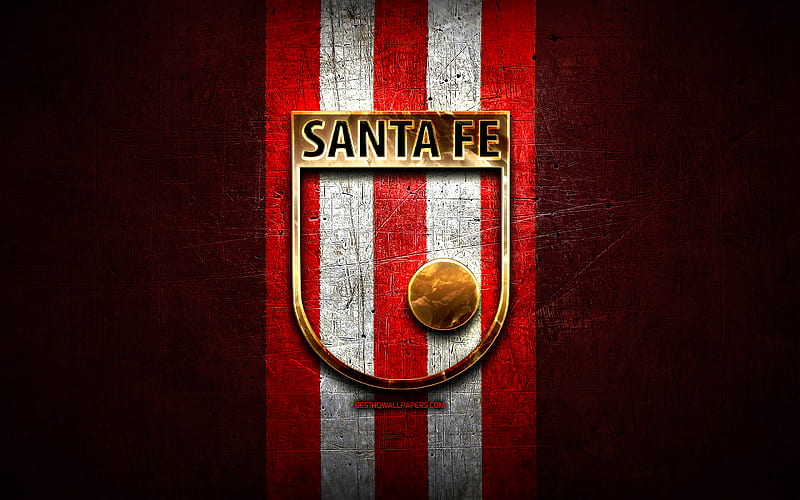 Independiente Santa Fe FC, golden logo, Categoria Primera A, red metal background, football, colombian football club, Independiente Santa Fe logo, soccer, Independiente Santa Fe, HD wallpaper