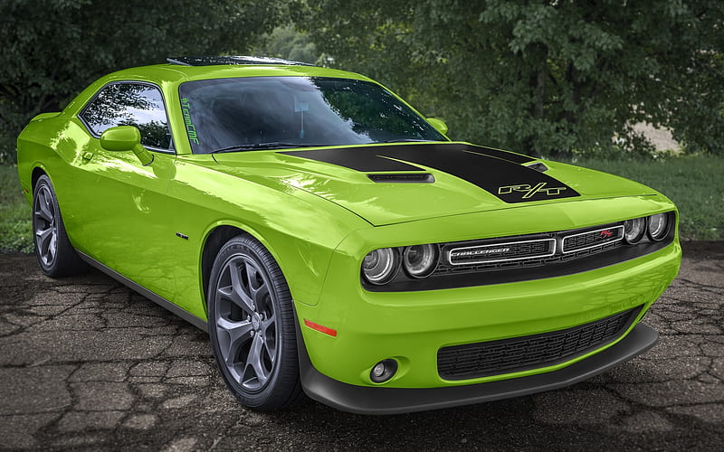 Dodge Challenger RT, front view, green sports coupe, tuning, exterior, American sports cars, Dodge, HD wallpaper