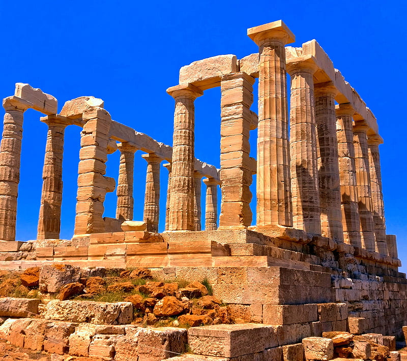 Temple of Poseidon, blue, greece, holiday, nature, poseidon, sea, summer, temple, HD wallpaper