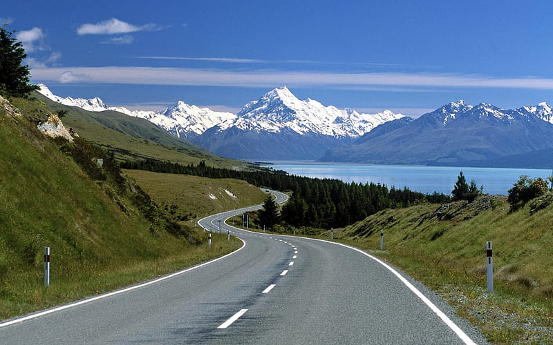 Road toMont Aconcagua, Argentina, mountain, road, snow, lake, HD wallpaper