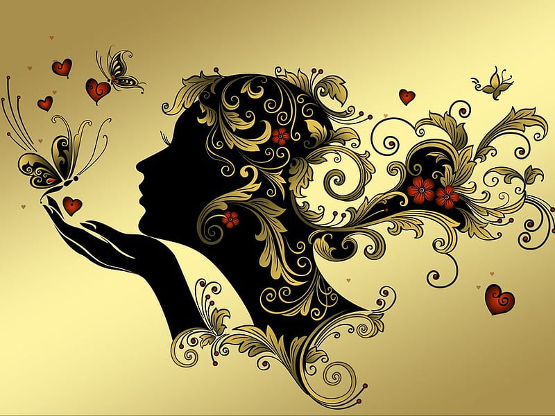 CARELESS WHISPER, gold, female, flowers, butterflies, corazones, HD wallpaper