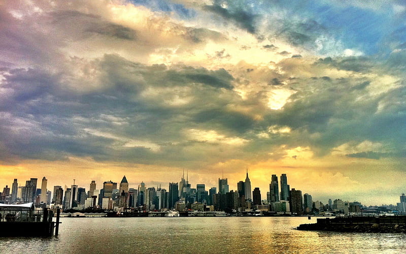 manhattan view from new jersey port, city, river, clouds, skyscrapers, HD wallpaper