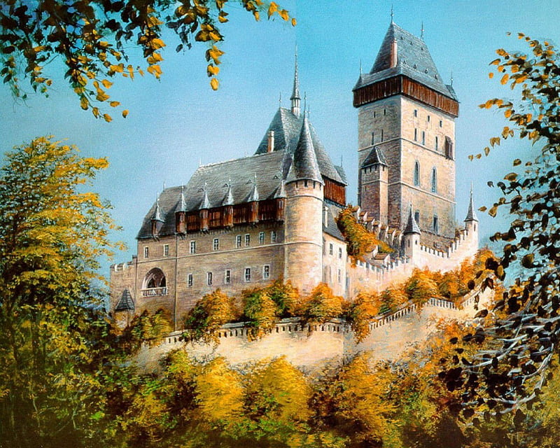 Karlstejn Castle, Czech Republic, building, walls, tower, nature, trees, HD wallpaper