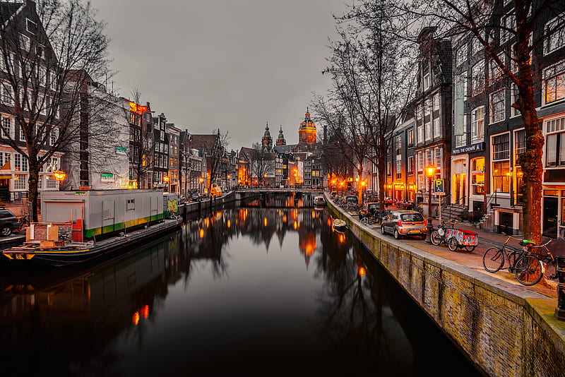 Cities, City, House, Dusk, Netherlands, Amsterdam, Man Made, Canal, HD wallpaper