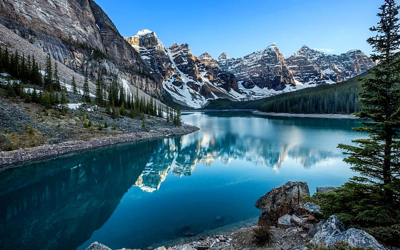 Lakescape, hills, bonito, trees, lake, winter, cliffs, serenity, snow ...