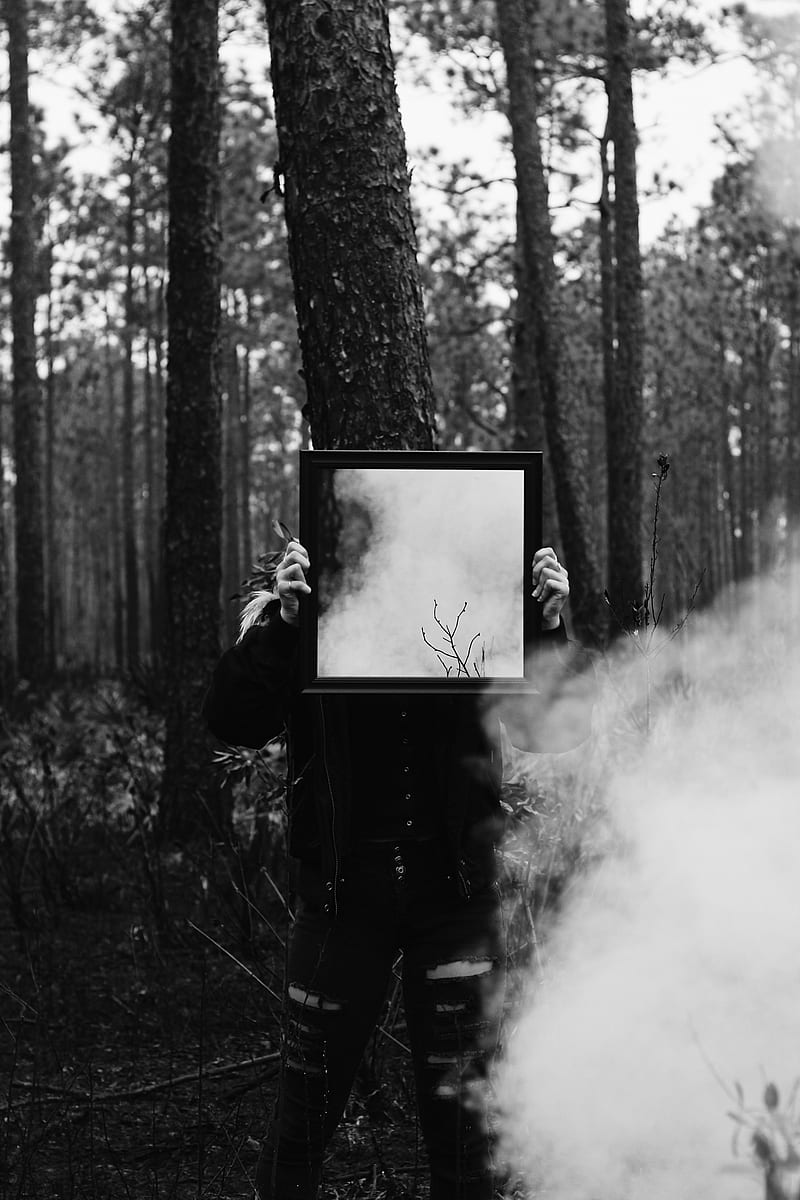 man, mirror, smoke, bw, forest, HD phone wallpaper