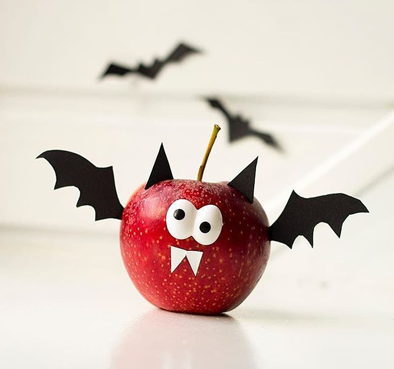 Halloween apple, cute, apple, fruit, funny, bat, wings, white, black, vampire, halloween, red, HD wallpaper