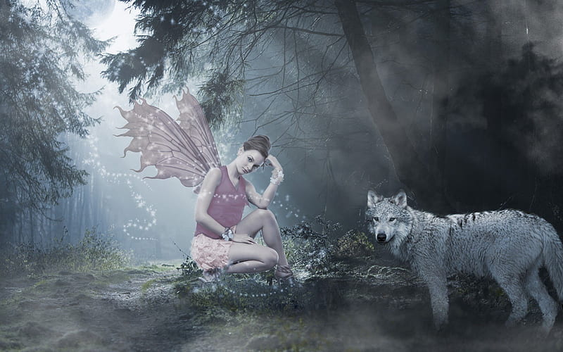Hada y lobo, hada, bosque, lobo, fantasía, Fondo de pantalla HD | Peakpx
