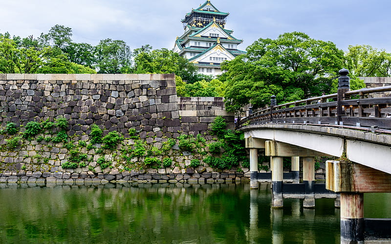 Osaka Castle, japanese castle, spring, beautiful palace, landmark, bridge, park, Osaka, Honshu, japan, HD wallpaper