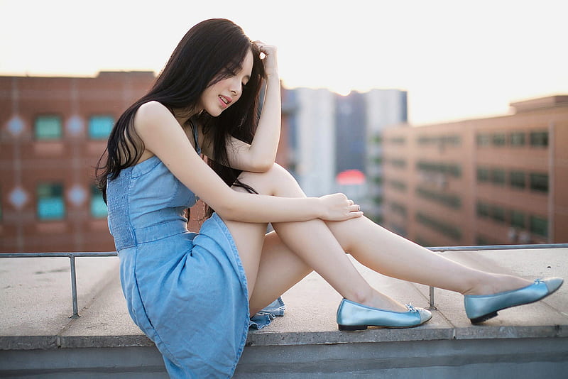 Beautiful girl sitting, legs, girl, charming, asian girl, blue dress, bonito, shoes, HD wallpaper