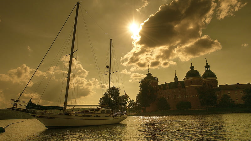 Castle Cloud Island Lake Mariefred With Sunbeam Sweden Travel, HD wallpaper