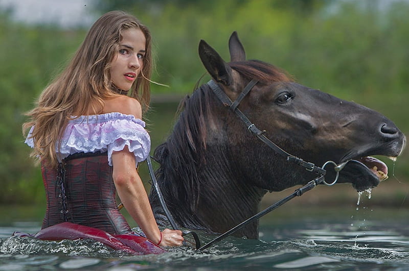 Girl bold, pretty, river, horse, girl, HD wallpaper