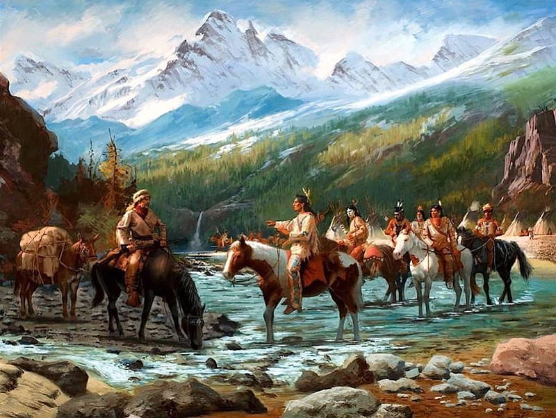 Native indians, american wild west, shop, trapper, colorful, amazing, anno, bonito, horse, splendor, wild west, peaceful, color, native, river, indians, HD wallpaper