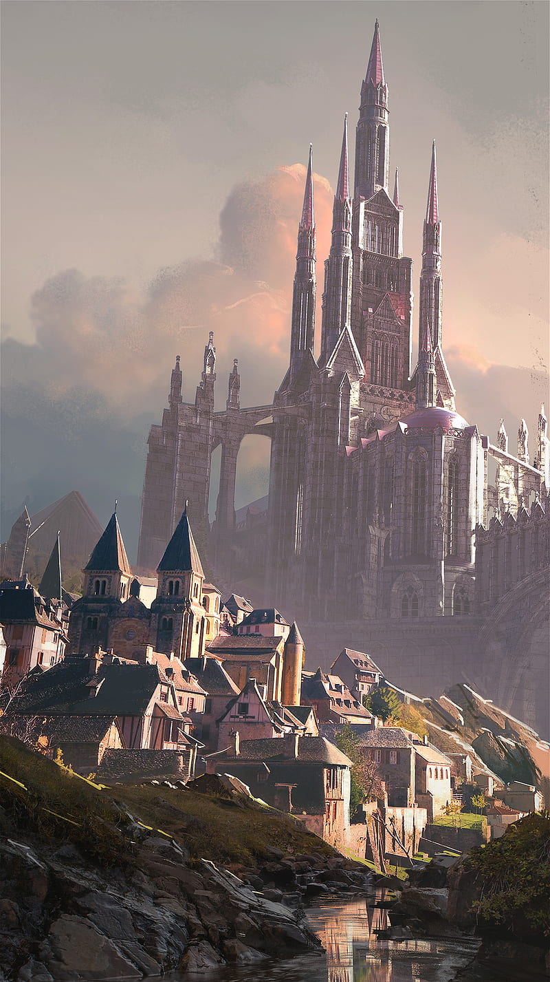 Digital, pueblo, castillo, nubes, medieval, arte de fantasía, Fondo de  pantalla de teléfono HD | Peakpx