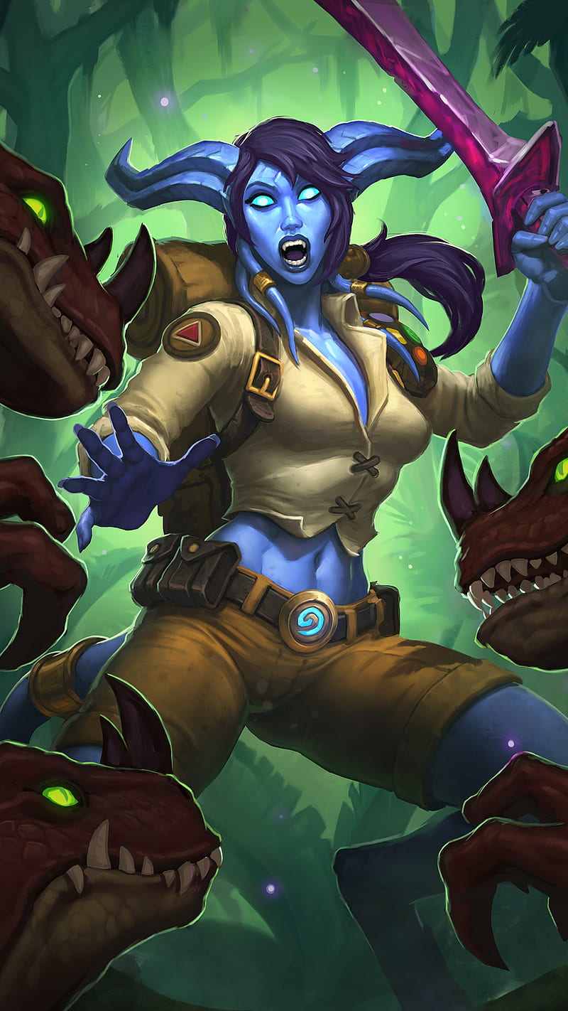 Hearthstone: Heroes of Warcraft, Hearthstone un'goro, PC gaming, open mouth, horns, sword, fantasy girl, HD phone wallpaper
