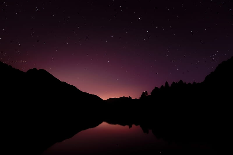 mountains, lake, starry sky, night, dark, HD wallpaper