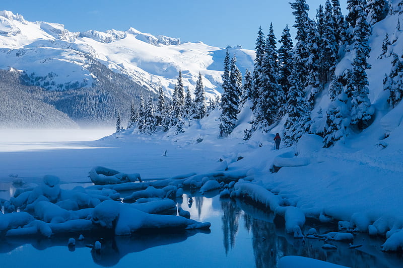 lake, mountains, snow, trees, winter, landscape, HD wallpaper