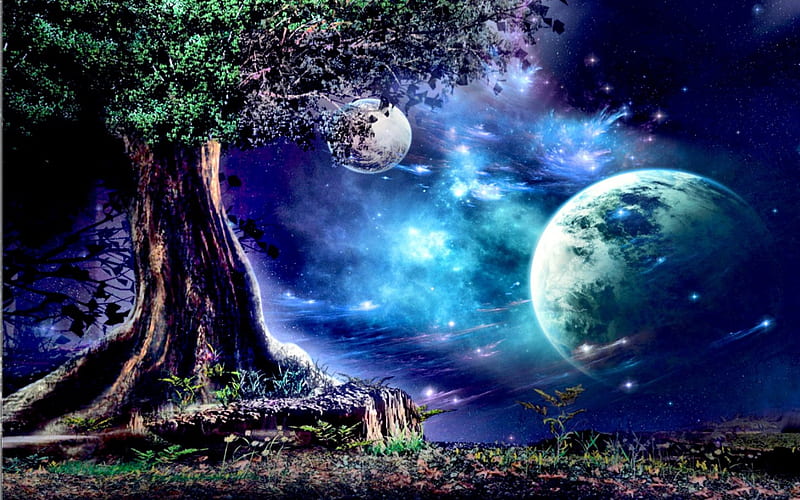 WONDERLAND, planets, tree, space, colors, earth, kayaga, HD wallpaper