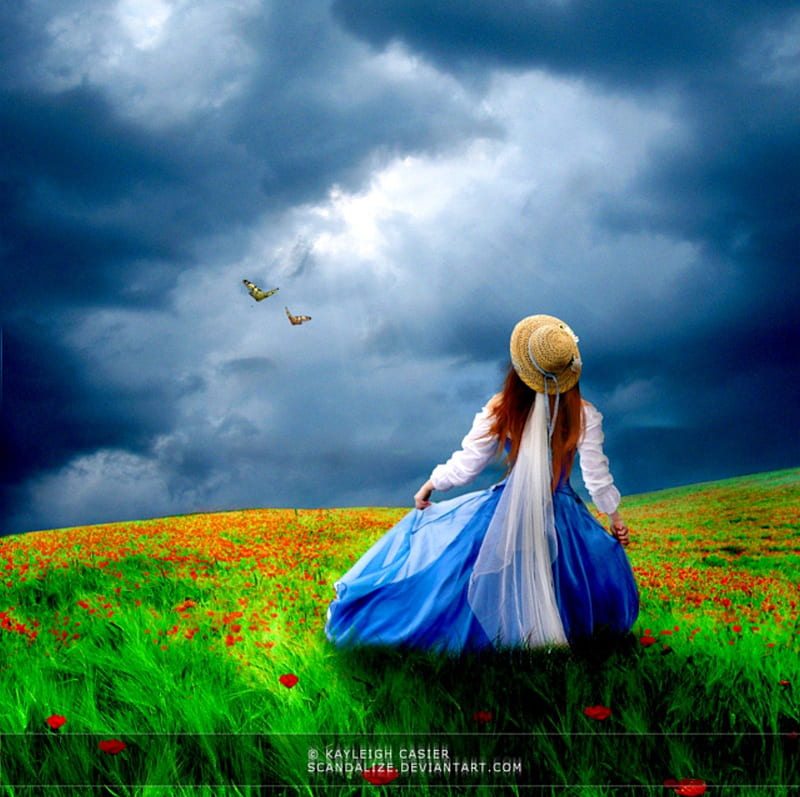 Fantasy, dom, clouds, sky, lady, field, blue, hat, HD wallpaper | Peakpx