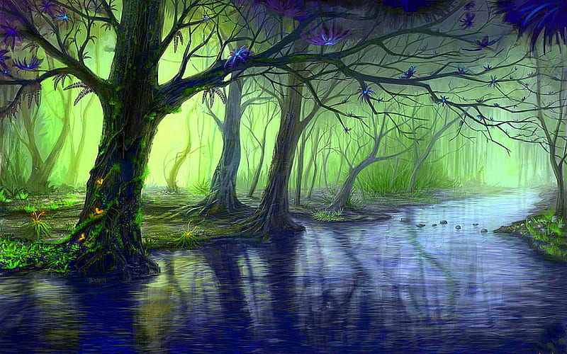 --So CooL Forest--, stunning, attractions in dreams, digital art, seasons, paintings, landscapes, drawings, streams, insects, colors, love four seasons, creative pre-made, butterflies, spring, trees, cool, fantasy creatures, nature, reflections, HD wallpaper