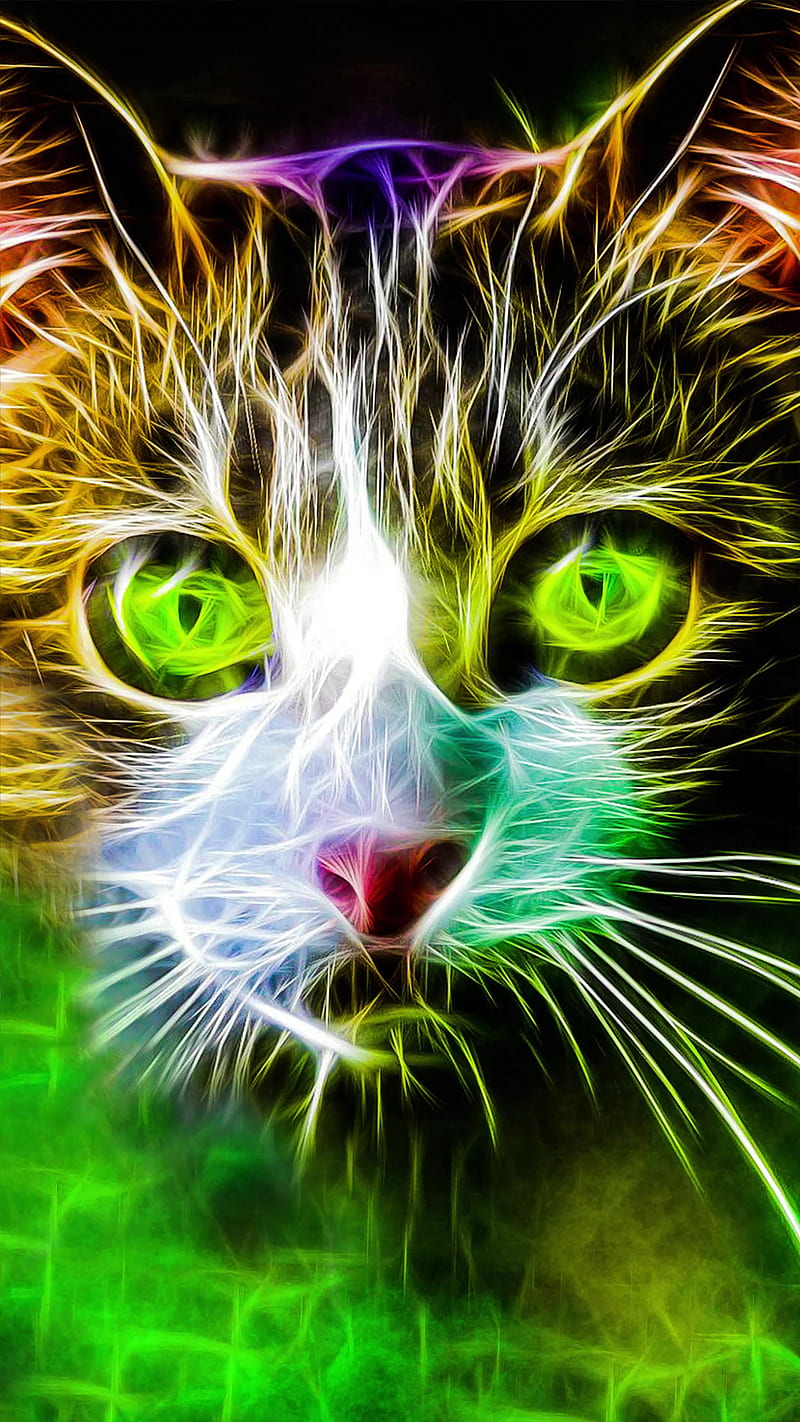 CAT, HI, animals, green, neon, portrait, smoke, yellow, HD phone wallpaper