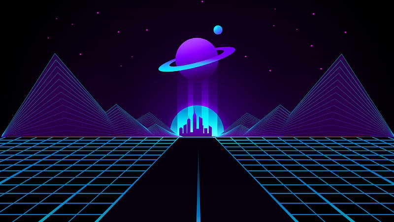 Artistic, Retro Wave, City, Mountain, Planet, Synthwave, HD wallpaper