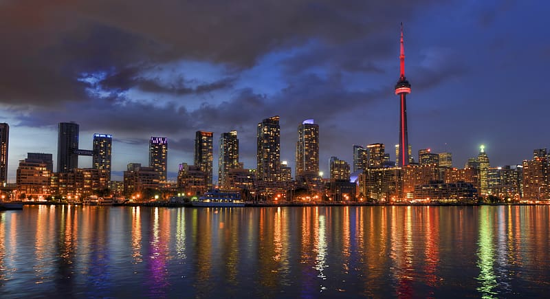Cities, Night, City, Skyscraper, Building, Reflection, Canada, Tower, Toronto, HD wallpaper