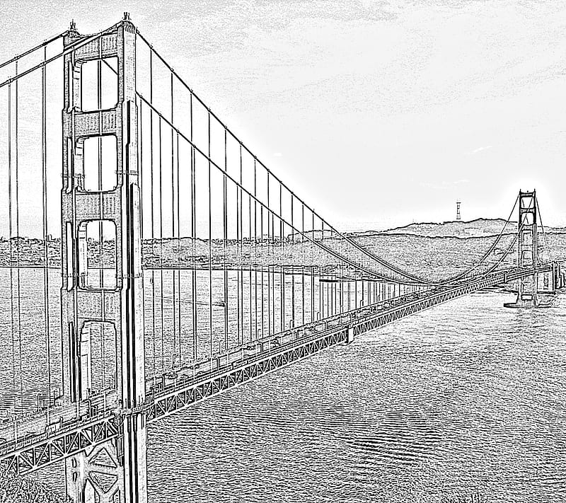 Golden Gate, 2014, beauty, black, bridge, cool, drawing, new, pencil, sea, white, HD wallpaper