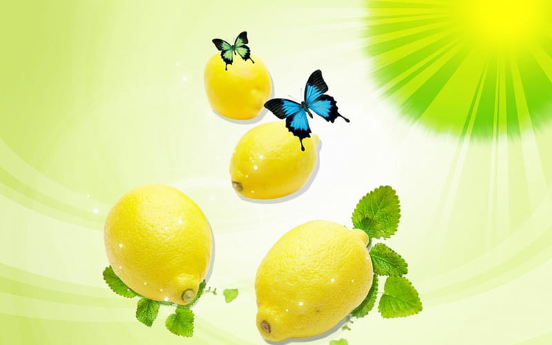 Lemon, art, 3d, butterfly, fruits, yellow, HD wallpaper